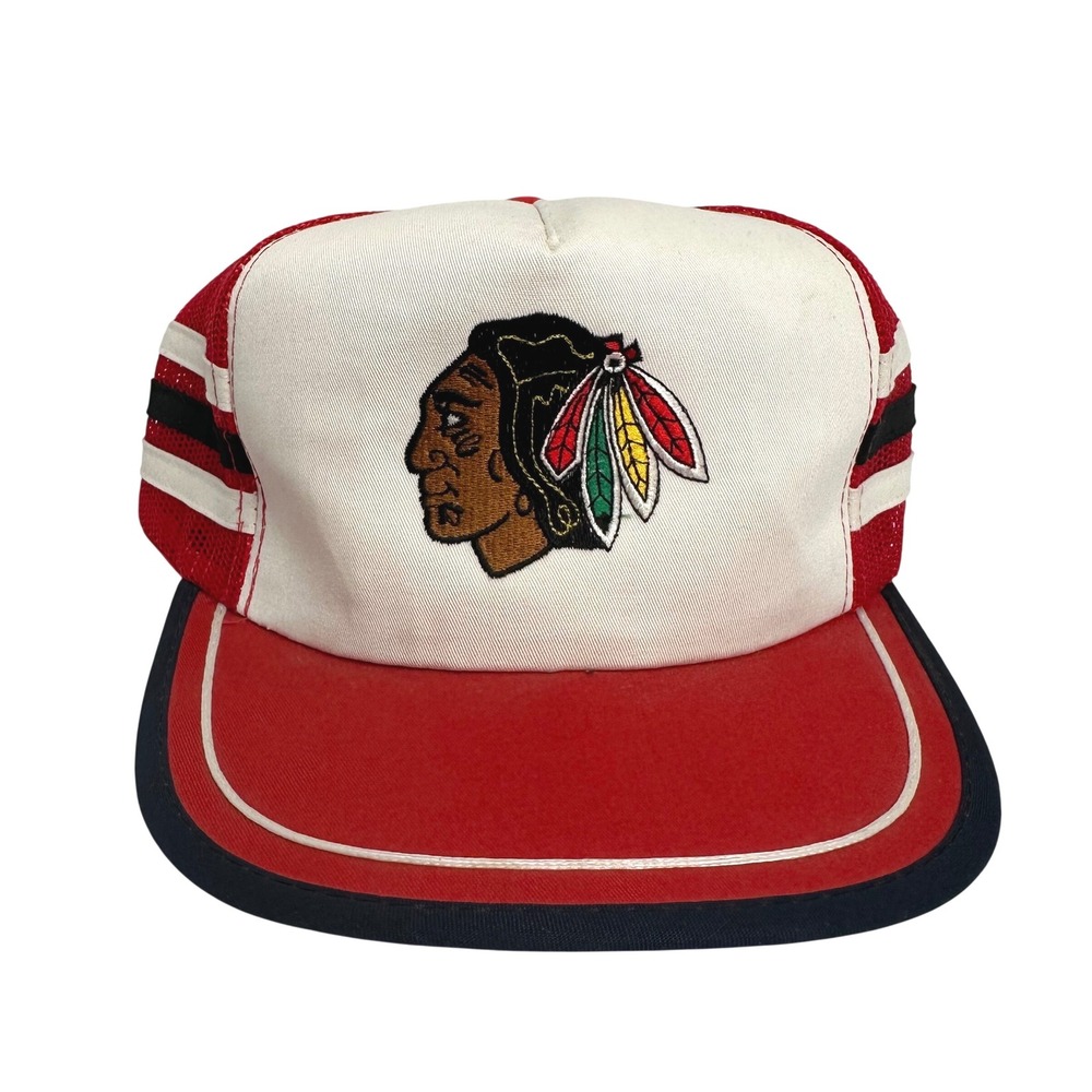 Vintage Chicago Blackhawks Tri Stripe Trucker Hat Ted Fletcher Red White NHL